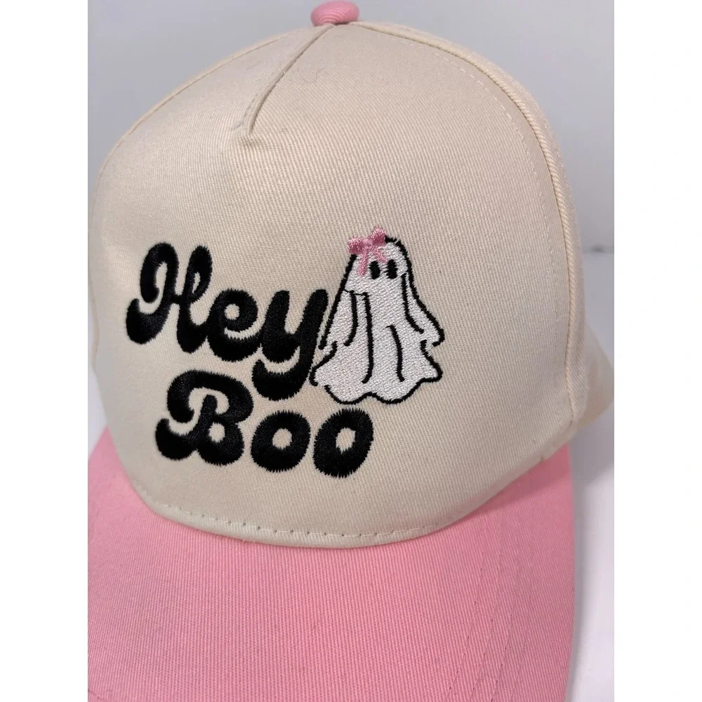 Hey Boo Ghost Halloween Bow Emb Trucker Hat Cap Pink Lily Embroidered Snap Back